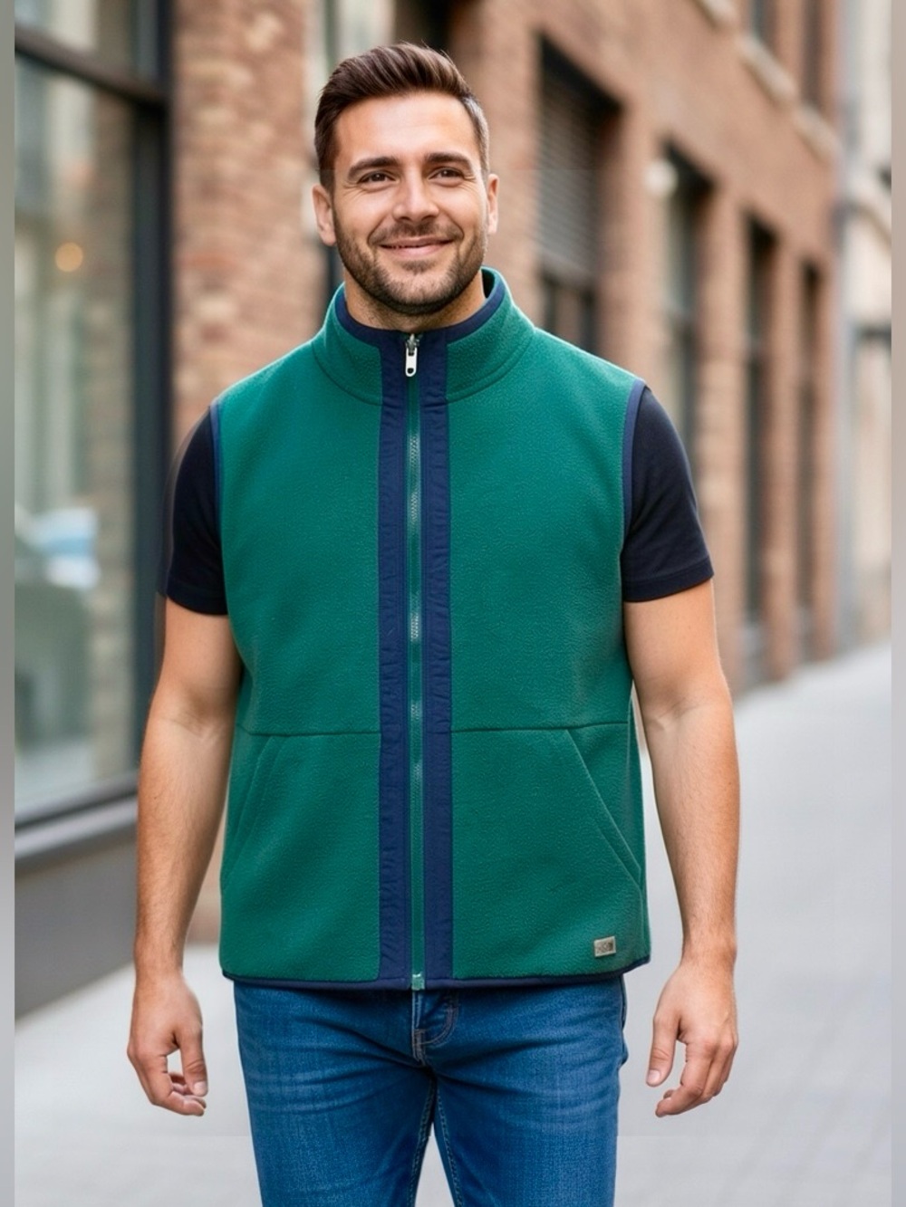 The North Face Vest Green Fleece Vest with Navy Trim